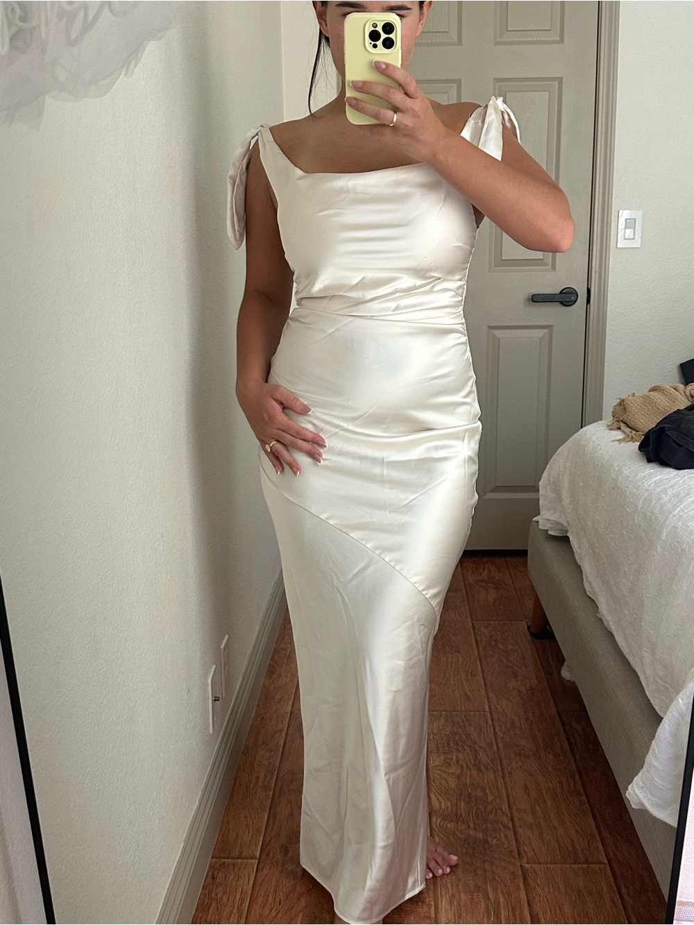 BILLY J Elegant Ivory Satin Tie-Shoulder Maxi Dress